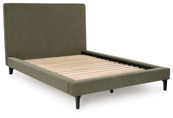 Nostalgic style, retooled for todayâ€™s trends. This queen upholstered bed puts an elevated twist on mod aesthetics. Its chic sage green hue reflects the mid-century vibes you love, while the low profile incorporates contemporary motifs. Roll slats round 