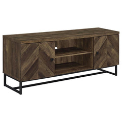 This rustic TV console offers a modern touch to a farmhouse style living room. A rustic oak finish showcases the classic herringbone pattern across the double cabinet doors. Supported on a metal trestle base in a gunmetal finish that offers an industrial 