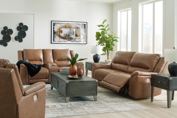 This power reclining set delivers comfort and contemporary style in a big (but not bulky) way. Its supple leather and faux leather upholstery, sumptuous cushioning and one-touch control are sure to take you to your happy place. The sofa-'s power adjustabl