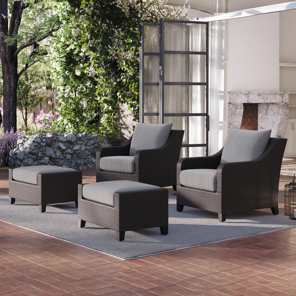 Introducing the Skye Outdoor Patio Chair and Ottoman Set in Gray, a must-have addition to your outdoor space. Comprised of 2 Club Chairs and matching Ottomans, the Skye is crafted with durable aluminum frames and a baked-on powder finish to ensure longevi