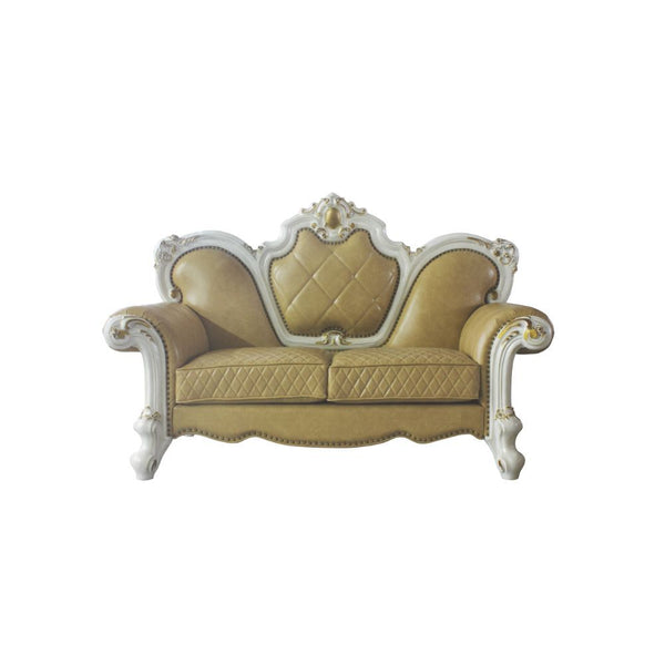 KD Back, w/3 Pillows Tight Back & Loose Seat Cushion (1+2) Diamond Tufted, Nail-head Trim, Oversized Crown & Raised Scrolled Trim: Antique Pearl w/Gold Brush (Backrest, Front Armrest & Base) Construction] Pocket Coil Seat
