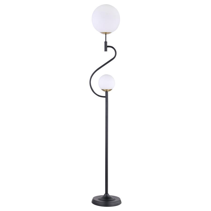 Bubbly personality infuses a modern two-light floor lamp. Perfect for a living area or den, it offers an eye-catching profile with two orb shades made from white glass. They-'re nestled in an S-curve framework to bring playful energy to your space. The li