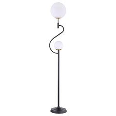 Bubbly personality infuses a modern two-light floor lamp. Perfect for a living area or den, it offers an eye-catching profile with two orb shades made from white glass. They-'re nestled in an S-curve framework to bring playful energy to your space. The li