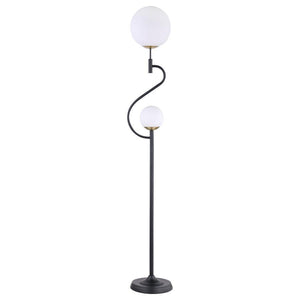 Bubbly personality infuses a modern two-light floor lamp. Perfect for a living area or den, it offers an eye-catching profile with two orb shades made from white glass. They-'re nestled in an S-curve framework to bring playful energy to your space. The li
