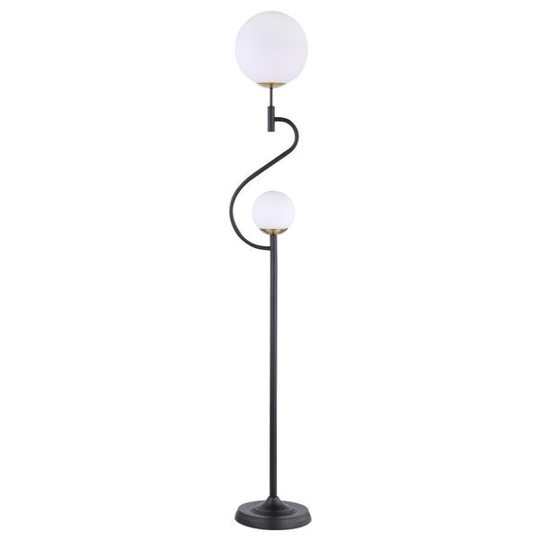 Bubbly personality infuses a modern two-light floor lamp. Perfect for a living area or den, it offers an eye-catching profile with two orb shades made from white glass. They-'re nestled in an S-curve framework to bring playful energy to your space. The li