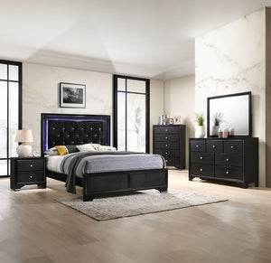 Step into a realm of sophistication and comfort with this stunning bedroom collection. Each piece showcases an exquisite blend of traditional charm and contemporary flair, making a bold statement with its textured surfaces and rich black finish. The bed, 