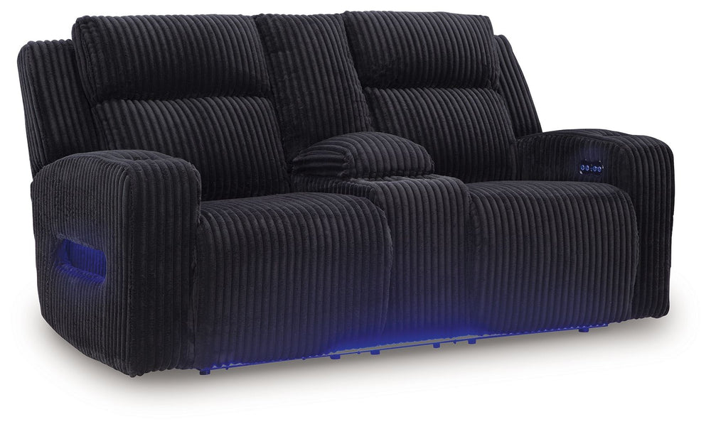 Trend-right style, meet irresistible modern function. Your living room gets a cozy-cool upgrade with the TwinBrooke power reclining loveseat. Curl up in its ultra-chic corded upholstery and recline with one-touch controls. Is it movie night or game time? 