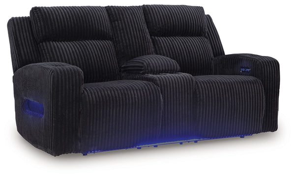Trend-right style, meet irresistible modern function. Your living room gets a cozy-cool upgrade with the TwinBrooke power reclining loveseat. Curl up in its ultra-chic corded upholstery and recline with one-touch controls. Is it movie night or game time? 