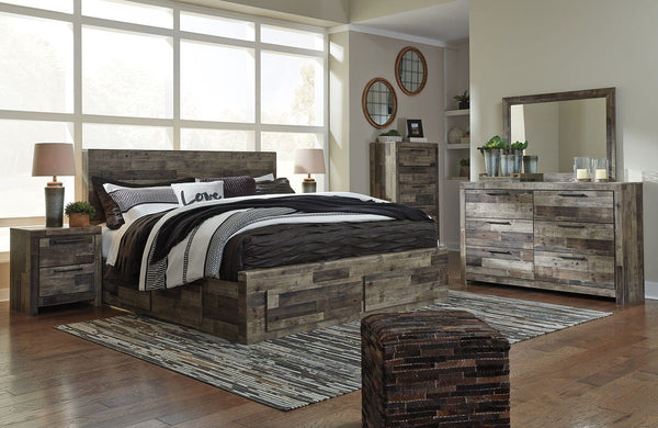 Rustic butcher block finish over replicated pine grain with authentic touch. Cases feature a framed front and pilasters. Bed features a thick and heavy design. Contemporary handles in an antiqued gunmetal finish. Side roller glides for smooth operating dr
