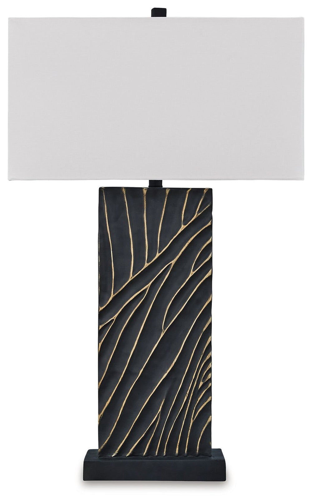 Kick your style up a notch with this table lamp. The impressive black base boasts textured detail enhanced with striking gold accents for sophisticated flair. Its eye-catching form exudes an urbane yet casual vibe, making it an easy addition to existing d