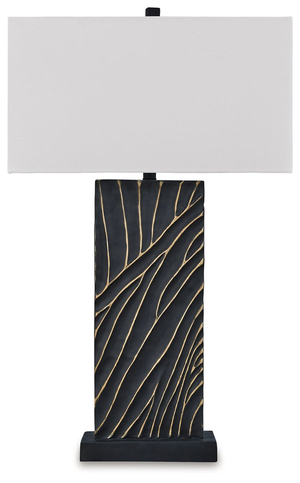 Kick your style up a notch with this table lamp. The impressive black base boasts textured detail enhanced with striking gold accents for sophisticated flair. Its eye-catching form exudes an urbane yet casual vibe, making it an easy addition to existing d