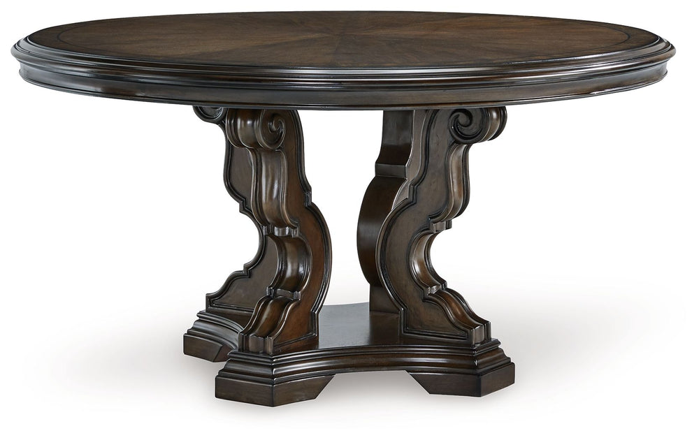Taking its cue from the grandeur and grace of classic European furnishings, this dining table is nothing short of stunning. Traditional in every senseâ€”yet with a touch of modern classâ€”this table serves up style in a grand way. The look is timeless. Th