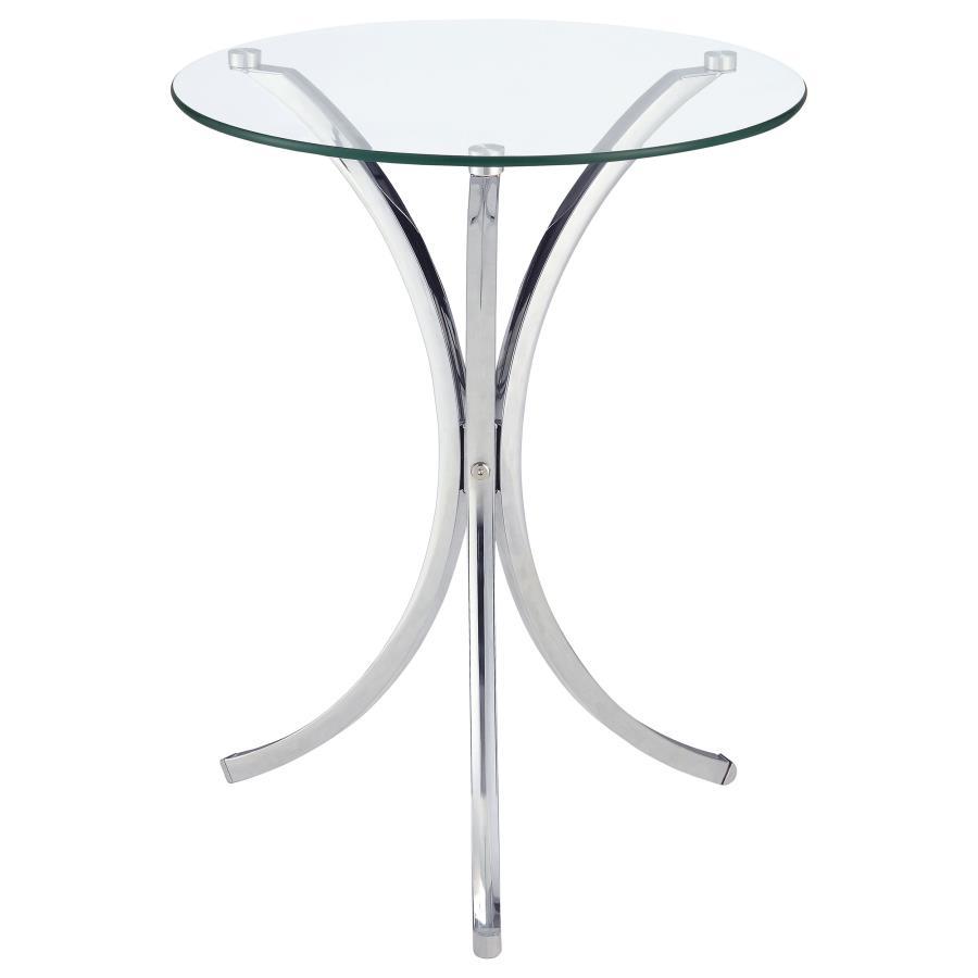 This contemporary side table combines sleek materials and modern design for a striking accent piece. Featuring a round, clear tempered glass top, it provides a durable and stylish surface for your essentials. The elegantly curved frame is crafted from hea
