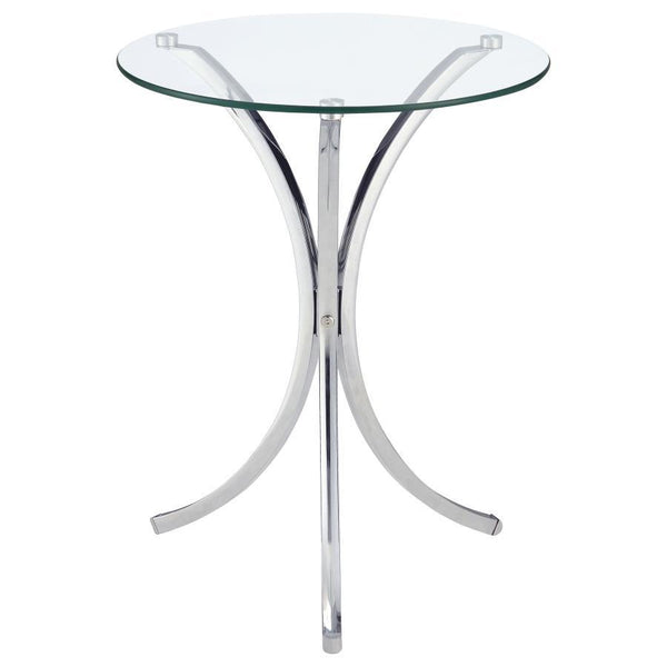 This contemporary side table combines sleek materials and modern design for a striking accent piece. Featuring a round, clear tempered glass top, it provides a durable and stylish surface for your essentials. The elegantly curved frame is crafted from hea