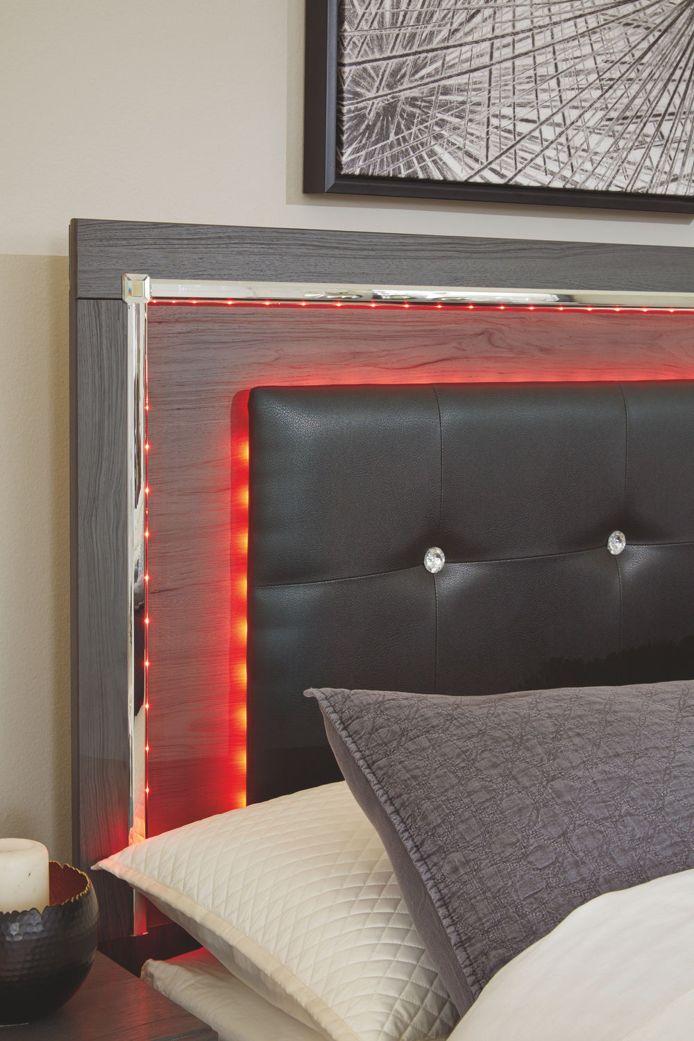 Reminiscent of Hollywood glamour of yesteryear, this full storage bed interprets luxury in a decidedly modern way. Sumptuous details include button-tufted upholstery, faceted faux crystals and chrome-tone accents beautifully lit by LED lights enhanced wit