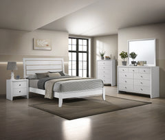 This inviting bedroom set features a refreshing white finish with subtle textural details that add a touch of modernity. The clean-lined bed boasts a distinctive headboard with horizontal slats that create an airy, open feel, promoting relaxation. Complem
