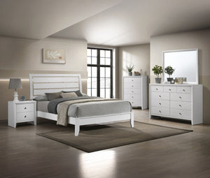 This inviting bedroom set features a refreshing white finish with subtle textural details that add a touch of modernity. The clean-lined bed boasts a distinctive headboard with horizontal slats that create an airy, open feel, promoting relaxation. Complem