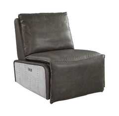 A perfect mixture of industrial style and comfort. The Metier Power Motion Recliner is accented by genuine leather and aluminum patchwork for a complete industrial look. It features tight seat with back cushions and offers a full foam seat with genuine le