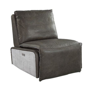 A perfect mixture of industrial style and comfort. The Metier Power Motion Recliner is accented by genuine leather and aluminum patchwork for a complete industrial look. It features tight seat with back cushions and offers a full foam seat with genuine le