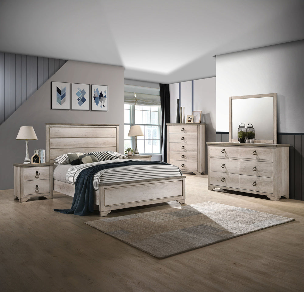 Elevate your sleeping quarters with this effortlessly elegant bedroom suite. The charming rustic-chic aesthetic is highlighted by a distressed finish and antique-style drawer pulls, offering a warm, inviting ambiance. The collection includes a stately bed