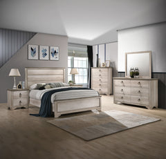Elevate your sleeping quarters with this effortlessly elegant bedroom suite. The charming rustic-chic aesthetic is highlighted by a distressed finish and antique-style drawer pulls, offering a warm, inviting ambiance. The collection includes a stately bed