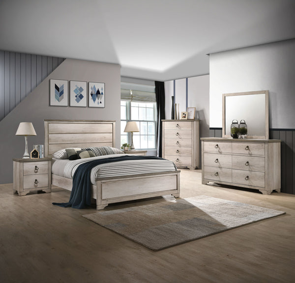 Elevate your sleeping quarters with this effortlessly elegant bedroom suite. The charming rustic-chic aesthetic is highlighted by a distressed finish and antique-style drawer pulls, offering a warm, inviting ambiance. The collection includes a stately bed