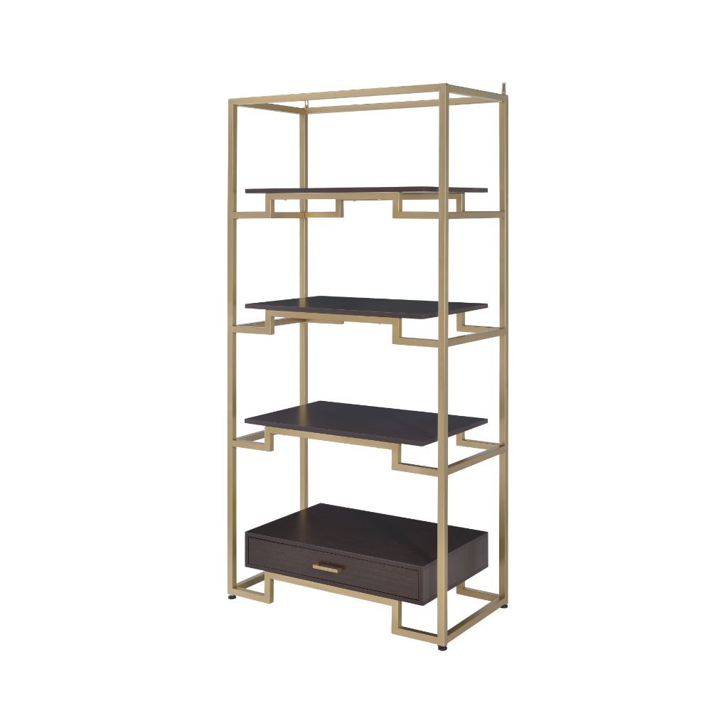 Featuring a modern and elegant design, the Yumia bookcase is an ideal option to place in your living room or study room. 1 drawer at the bottom and 4 shelves suspended between glass sides makes for an interesting book case. The gold finish and the clear g