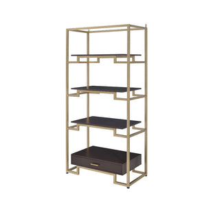 Featuring a modern and elegant design, the Yumia bookcase is an ideal option to place in your living room or study room. 1 drawer at the bottom and 4 shelves suspended between glass sides makes for an interesting book case. The gold finish and the clear g
