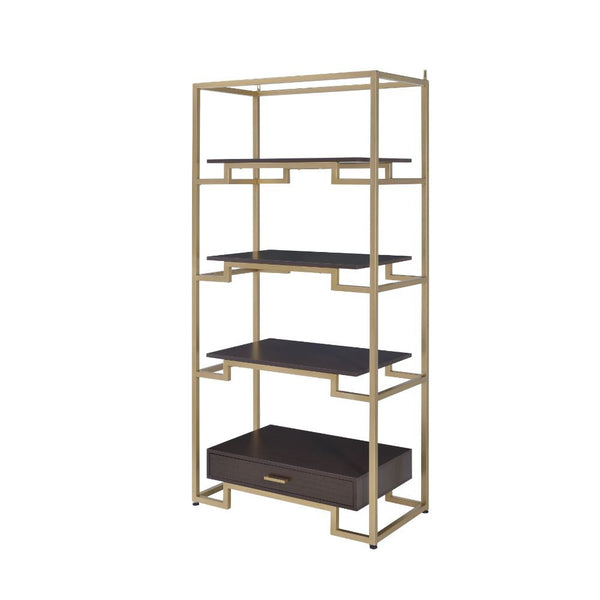 Featuring a modern and elegant design, the Yumia bookcase is an ideal option to place in your living room or study room. 1 drawer at the bottom and 4 shelves suspended between glass sides makes for an interesting book case. The gold finish and the clear g