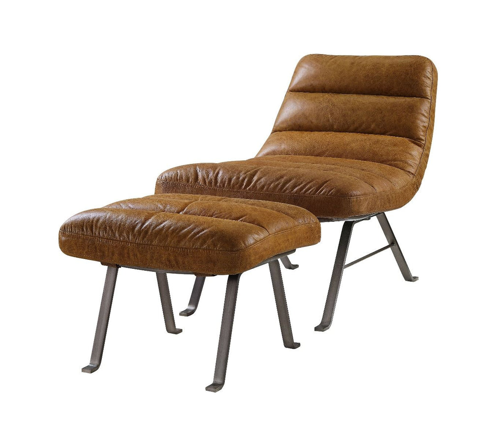 The minimalist design of the Bison lounge set makes it simply timeless. Beautiful top grain leather upholstery takes center stage, accented by horizontal tufting along the entire chair and ottoman. Metal flared legs provide sturdy support without adding v