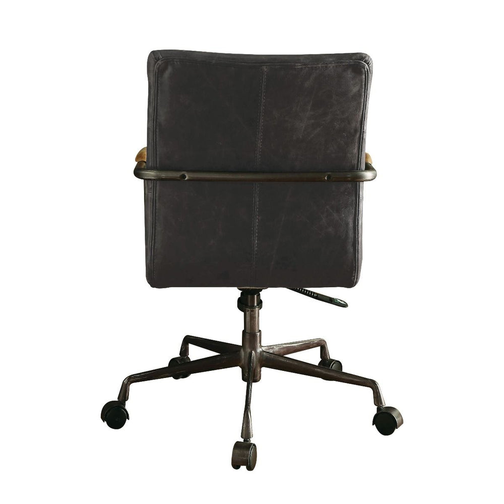 The Harith office chair brings comfort and style to any work space. Handsome, channel-seamed antique ebony top grain leather upholstery is complemented by a metal base with casters and metal frame armrests. It-'s Industrial design promise comfort and func