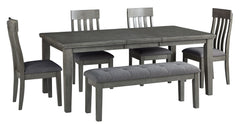 Casual lifestyle design. Made with hardwood solids, select Acacia veneer and engineered wood substrate. Finished with a trend-right antique gray color. D589-35 table features a thick sturdy top with self-storing butterfly leaf. D589-42 gathering table has