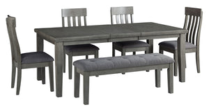 Casual lifestyle design. Made with hardwood solids, select Acacia veneer and engineered wood substrate. Finished with a trend-right antique gray color. D589-35 table features a thick sturdy top with self-storing butterfly leaf. D589-42 gathering table has