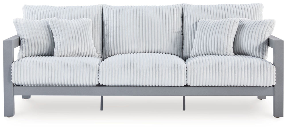 Indulge in luxe outside living without sacrificing longevity. This outdoor sofa combines on-trend texture with a sleek aluminum frame. Lounge poolside or on the porchâ€”the comfy cushions are a chic spot for you and a partner or two to soak up the sun. An