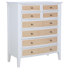 Create ample storage in your stylish bedroom with a modern eight-drawer chest. Its coastal style is established with a cool white finish paired with natural rattan finish accents on its drawer fronts, offering compelling contrast and texture. Eight drawer
