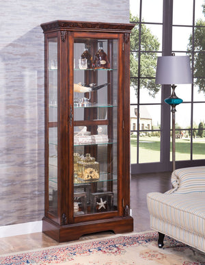 The Addy Curio Cabinet will add beauty and design to any room. This detailed and stylish cabinet has tempered glass doors and shelves and is uniquely designed to be a welcome addition to your decorative collection.Â This sophisticated cabinet in a warm ch
