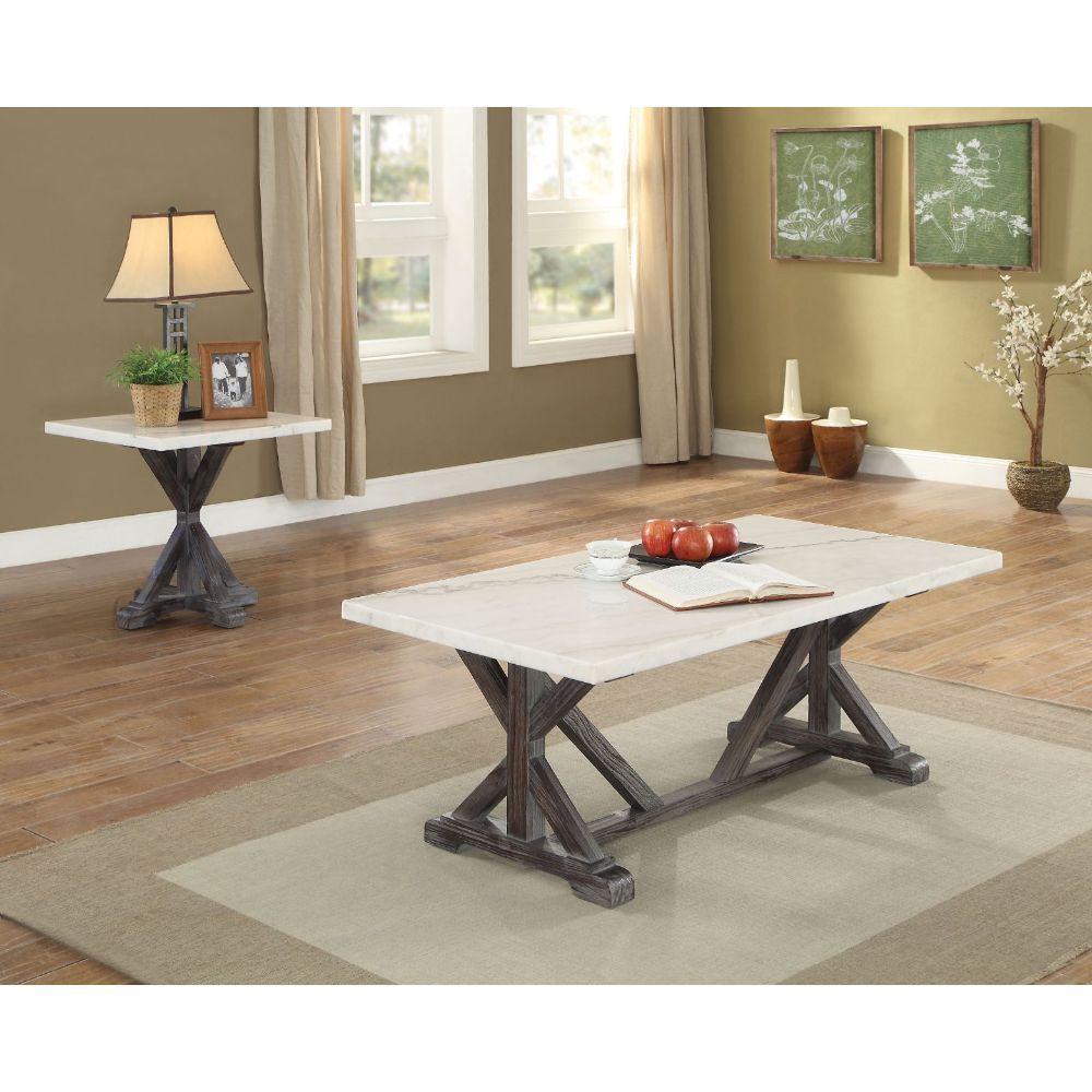 Assembled, Rectangular End Table (NO Storage) â€¢ White Marble Top â€¢ Wooden Tri-Pod Base: -"X-" Shape: Weathered Espresso<br/><br/><b>Product Features</b><ul><li>Case: 1Pc/1Ctn</li><li>Finish: White Marble & Weathered Espresso</li><li>Style: Transitiona