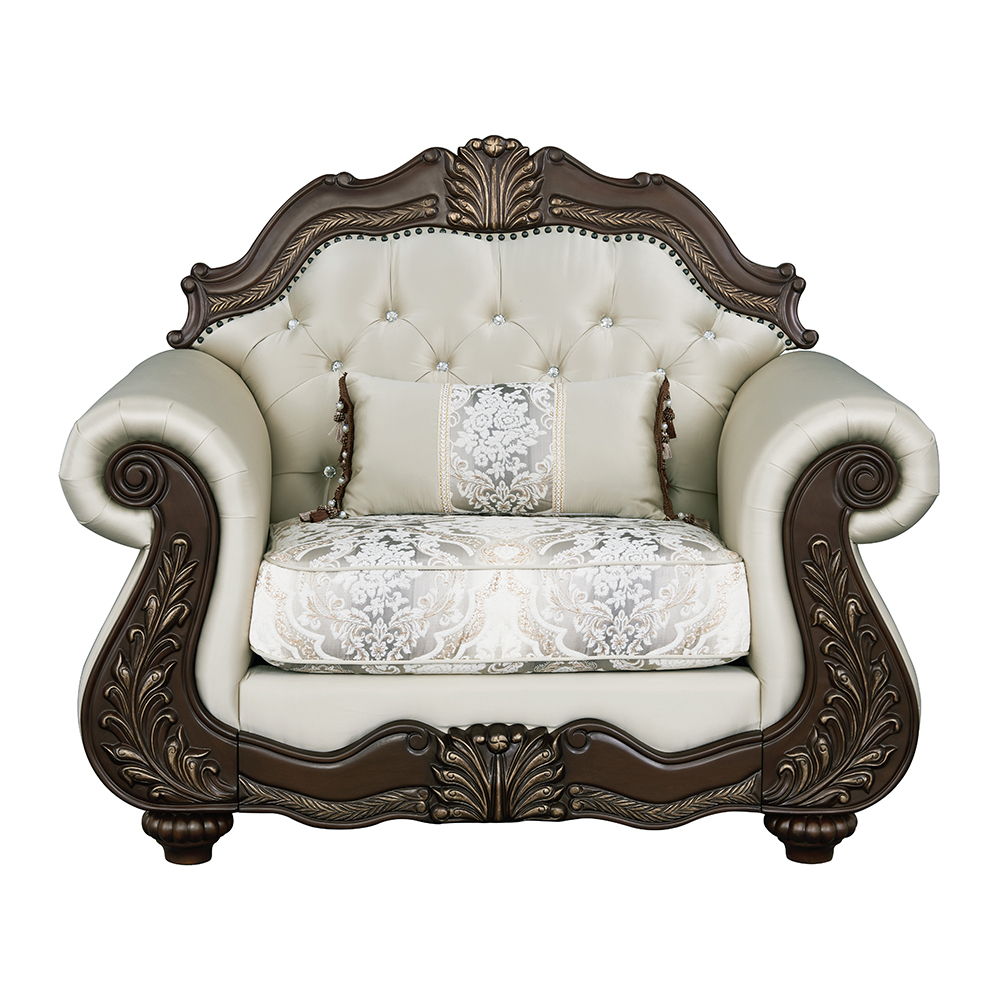 Pierce collection sofa set brings timeless elegance to your living space with its beige fabric and cherry finish. The set includes tight back and loose seat cushions with pocket coil construction for ultimate comfort. A wooden inner frame ensures durabili