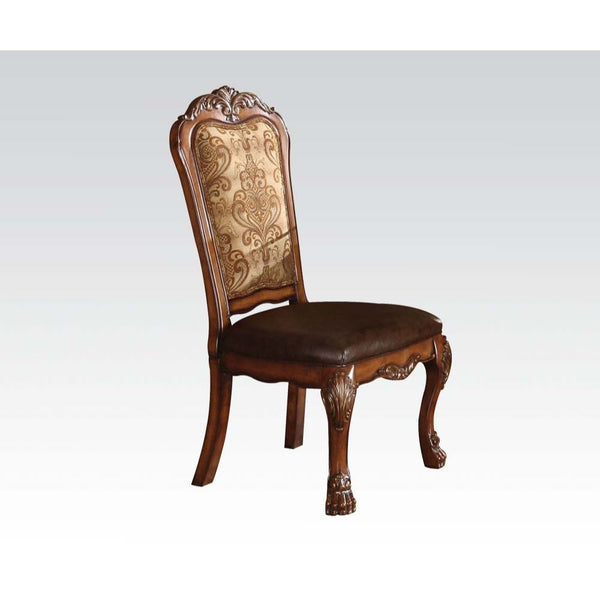 KD, Armless Chair (High Back) Stationary Seat: Standard Dining Height Padded SEAT & BACK: PU & Fabric (Contrast Patterns: Vintage PU Seat & Floral Fabric Back) Feature: Welt Cushion, Wooden Frame, Poly-Resin Trim Arched Backrest: Fabric Padded, Floral Fab