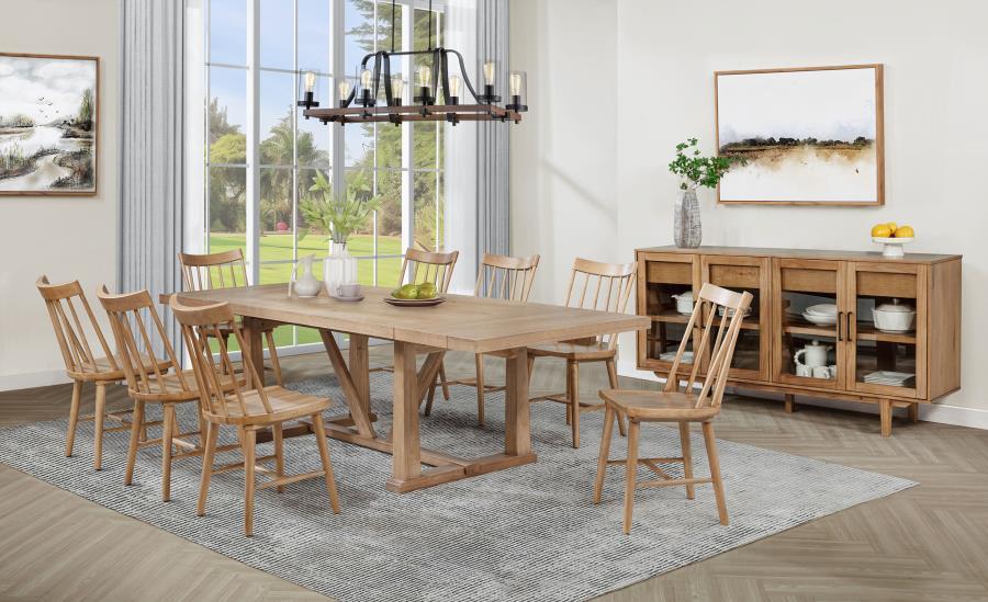 This ten-piece dining set is designed to elevate your dining experience with exceptional style and functionality. Featuring an extendable dining table with two removable leaves, it provides ample space for both everyday meals and larger gatherings. Comple