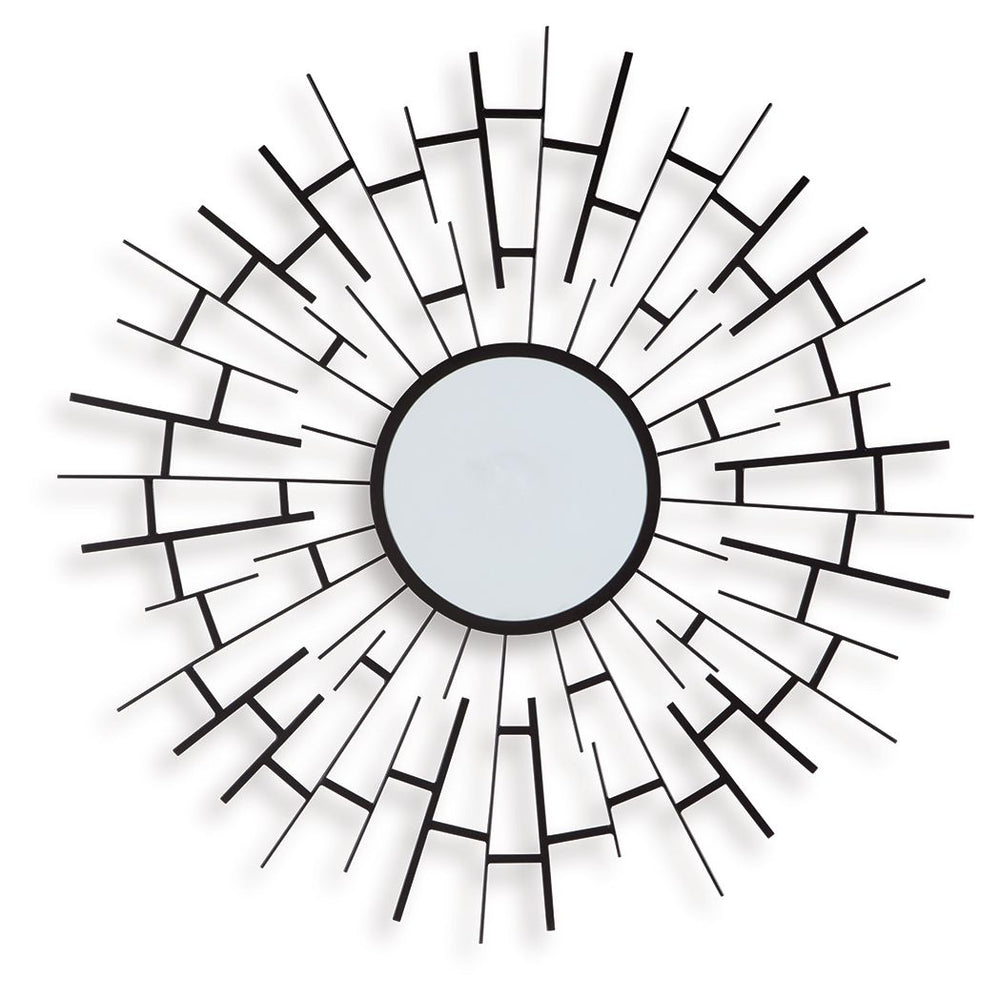 This accent mirror makes a bold statement in contemporary and industrial spaces. Framed with sunburst-style metal fretwork and finished in a luxe black, it-'s a fabulous blend of form and function.<br><br><b>Additional Dimensions</b><br><ul><li>Inner mirr