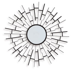 This accent mirror makes a bold statement in contemporary and industrial spaces. Framed with sunburst-style metal fretwork and finished in a luxe black, it-'s a fabulous blend of form and function.<br><br><b>Additional Dimensions</b><br><ul><li>Inner mirr