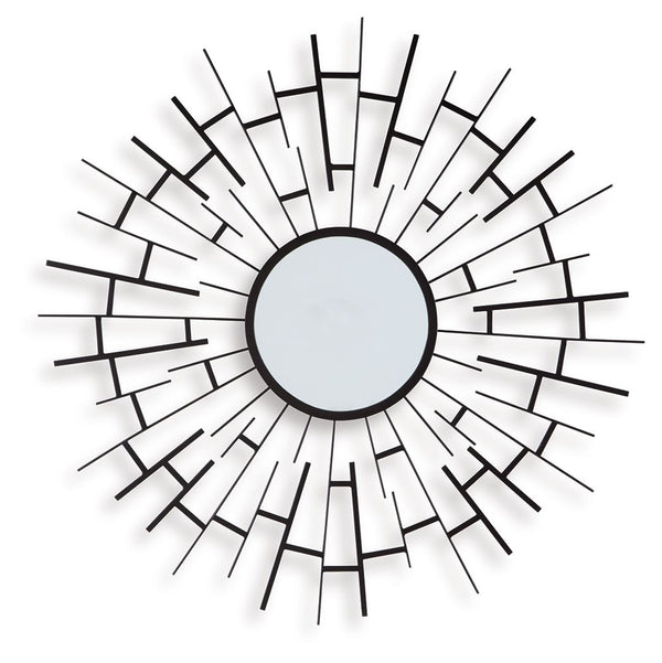 This accent mirror makes a bold statement in contemporary and industrial spaces. Framed with sunburst-style metal fretwork and finished in a luxe black, it-'s a fabulous blend of form and function.<br><br><b>Additional Dimensions</b><br><ul><li>Inner mirr