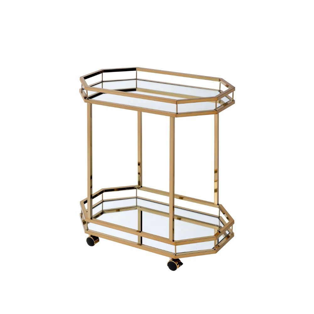 Show off your personality with the Lacole serving cart, featuring a metal frame finished in champagne and mirrored shelves for that glam appeal. The two 2.5 mm mirror shelves are the ideal place for placing your dishes and dining accessories. Roll it wher