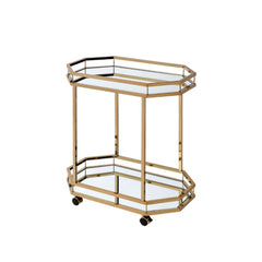 Show off your personality with the Lacole serving cart, featuring a metal frame finished in champagne and mirrored shelves for that glam appeal. The two 2.5 mm mirror shelves are the ideal place for placing your dishes and dining accessories. Roll it wher