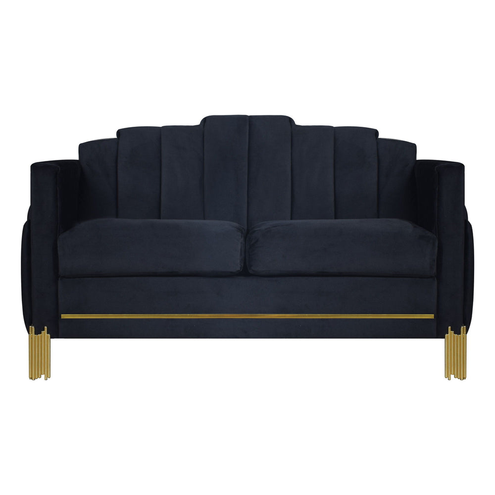 Introducing the Empire Loveseat, a durable and stylish addition to your living space. Crafted with an eco-friendly manufactured wood frame, this 2-seater loveseat ensures lasting strength and durability. Upholstered in luxurious 100% midnight black polyes