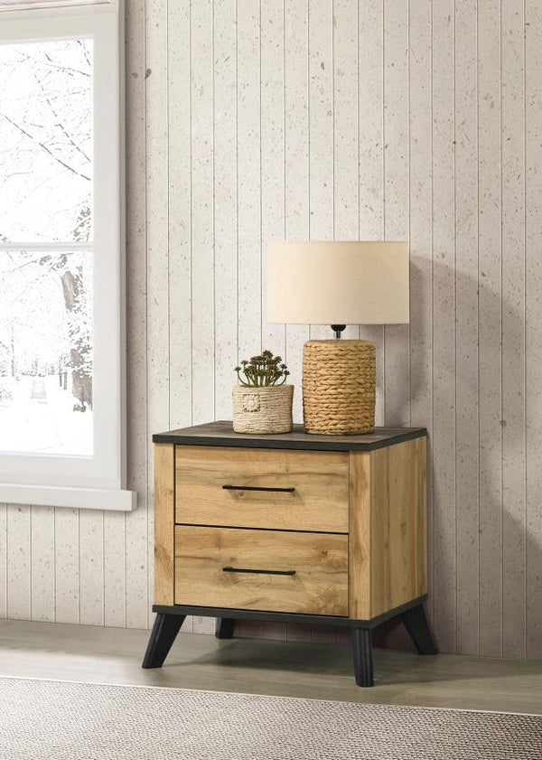  perfectly blending mid-century modern design with a rustic touch. The weathered brown and natural pine finish