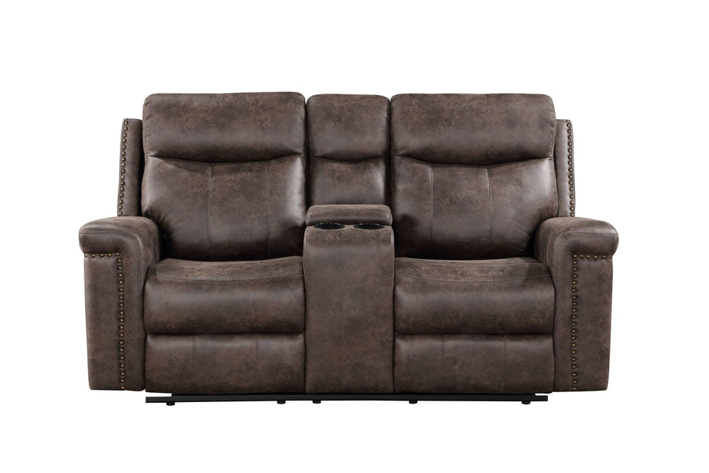 The Quade Dual Recliner Console Loveseat in mocha brown is built for both durability and comfort. Featuring a solid frame constructed from premium hardwood, plywood, and engineered wood, this loveseat is designed to provide lasting support. The bucket sea