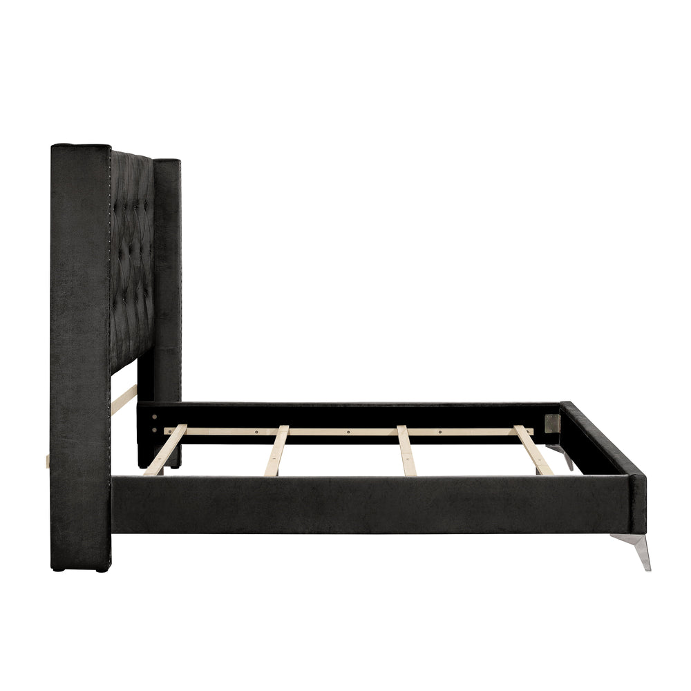 The Huxley Upholstered Bed in Black is a marvel of contemporary glam and durable construction. This bed set includes a headboard, footboard, two side rails, and a slat kit, all crafted from manufactured woods and eco-friendly decorative laminate for long-
