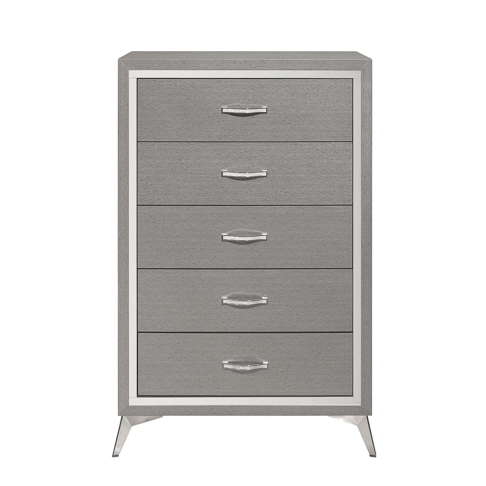 The Huxley 5-Drawer Chest in Gray combines contemporary glam with durable craftsmanship, making it a perfect addition to any modern bedroom. This chest is carefully crafted from manufactured woods and eco-friendly decorative laminate, ensuring it will las